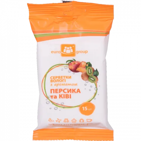 Серветки вологі Єврогруп 15 шт. з ароматом Персику-Ківі