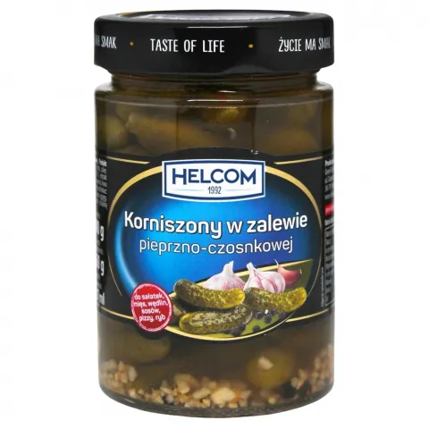 Корнішони HELCOM 327 мл з перцем та часником И003 (Польща)