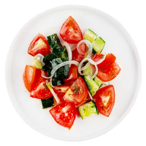 Салат з помідорів, огірків та цибулі ваг. Кулінар.