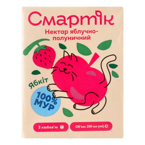 Нектар Смартік 200 мл яблучно-полуничний з м`якоттю та цукром