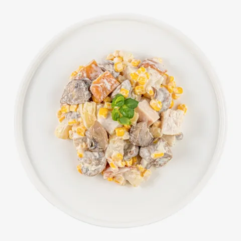 Салат з курки копченої, ананасів, кукурудзи та грибів Шанхай ваг. Кулінар.