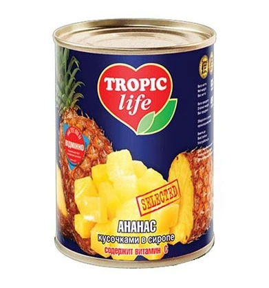 Консервированные ананасы кусочками Тропик Лайф, 580 мл