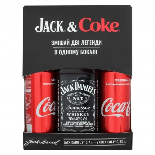 Набор Виски Jack Daniel&#039;s, 0.7 л + Напиток б/а газированный Coca-Cola 2х0.33 л