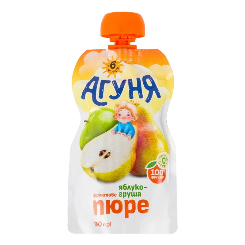 Пюре фруктовое для детей от 6мес гомогенизированное стерилизованное Яблоко-груша Агуня д/п 90г