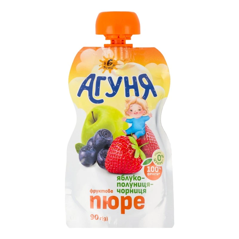 Пюре фруктовое для детей от 6мес гомогенизированное стерилиз Яблоко-клубника-черника Агуня д/п 90г