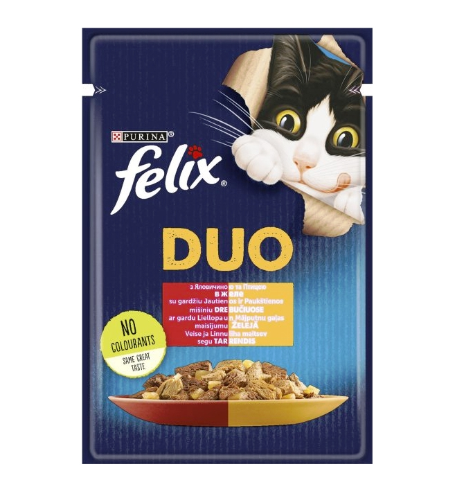 Корм для котов с говядиной и птицей в желе Duo Felix, 85 г