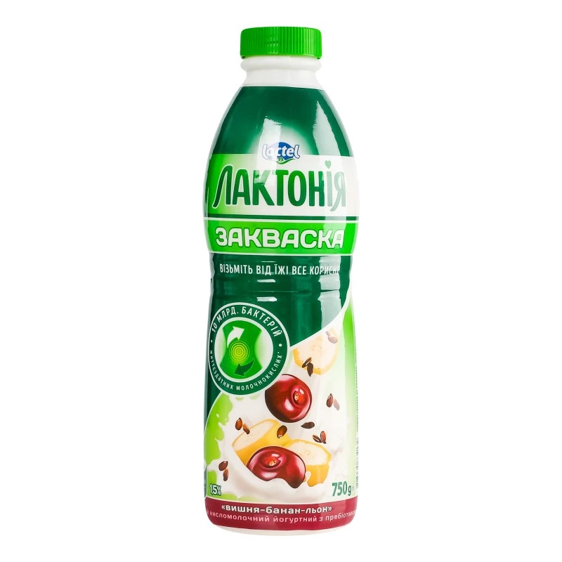 Напиток к/м Закваска 1.5% с пребиотиком лактулозы с наполнителем Вишня-банан-лен Лактонія п/бут 750г