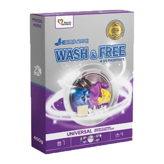 Порошок для стирки Универсальный с марсельским мылом и жасмином Wash&amp;Freee, 400 г
