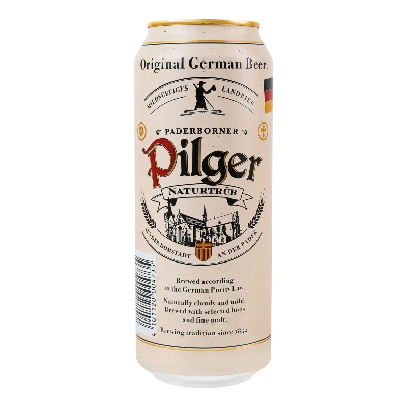 Пиво 5% светлое нефильтрованное солодовое пастеризованное Pilger ж/б Paderborner, 0.5л