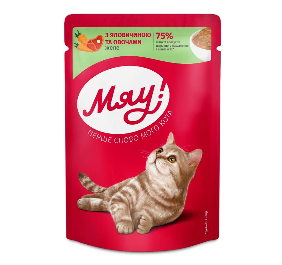 Корм для котов Желе с говядиной и овощами Мяу, 85 г