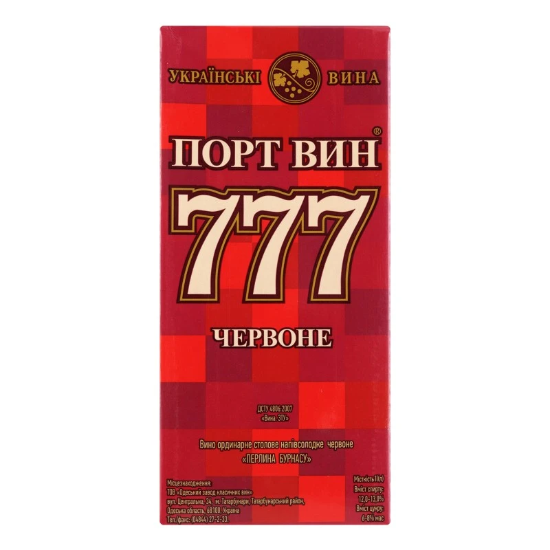Вино красное со вкусом вишни 777 Порт Вин, 1 л