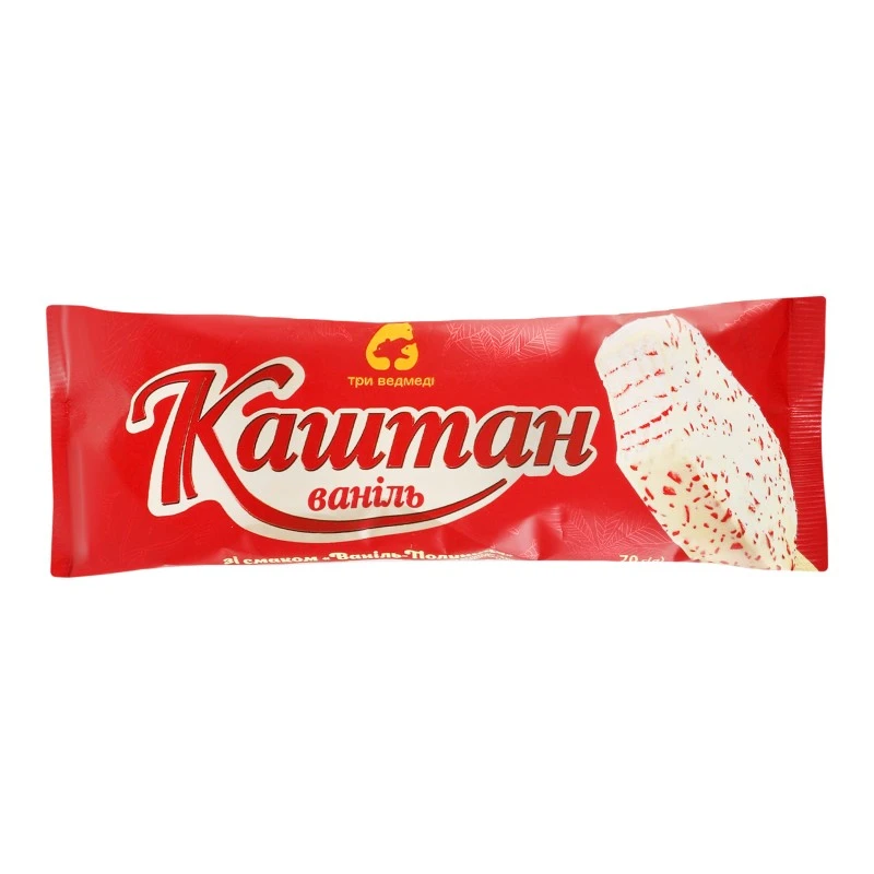 Мороженое 10% в белой глазури с хлопьями Ваниль-клубника Каштан Три ведмеді м/у 70г