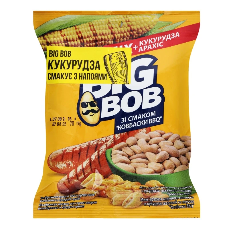 Арахис и кукуруза жареные со вкусом Колбаски BBQ Биг Боб, 70 г