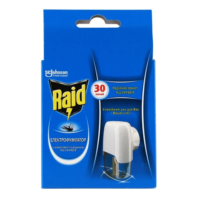 Комплект электрофумигатор с жидкостью против комаров 30 ночей Raid, 1фумигатор + 1флакон