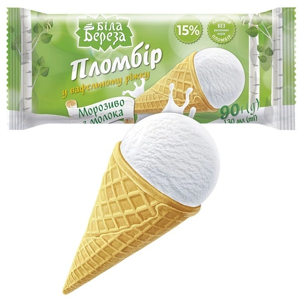 Мороженое пломбир с ванильным вкусом в вафельном рожке Біла Береза, 90 г
