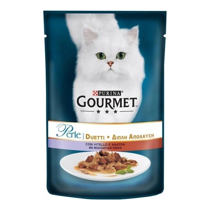 Корм для котов мини филе в подливе С телятиной и уткой Perle Duo Gourmet, 85 г