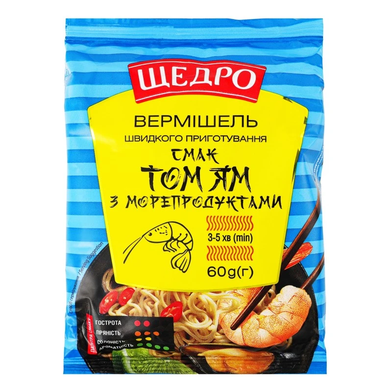 Вермишель быстрого приготовления Том ям с мороепродуктами флоупак Щедро, 60 г