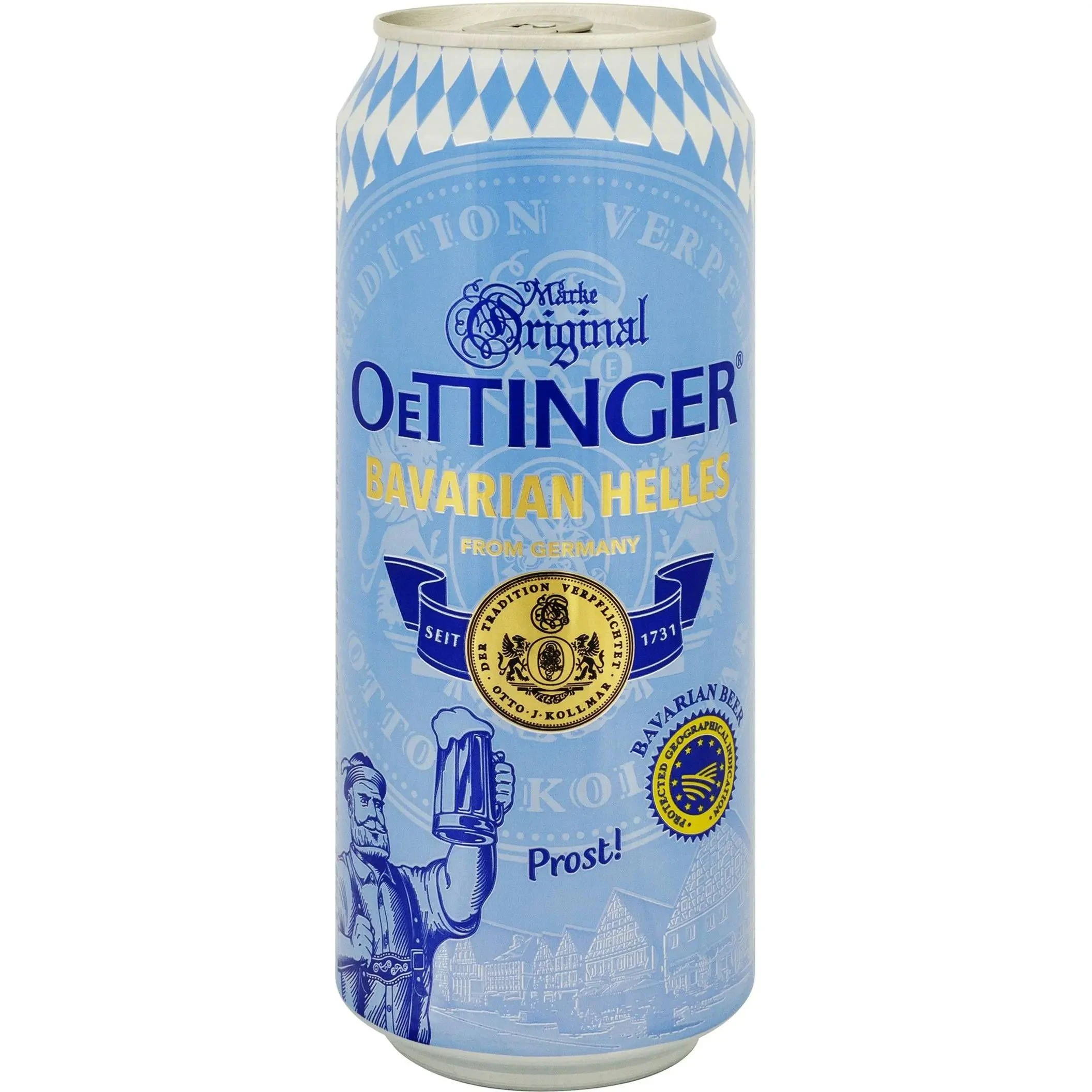 Пиво 4.7% светлое нефильтрованное пастеризованное Bavarian Helles Oettinger, ж/б 0.5л