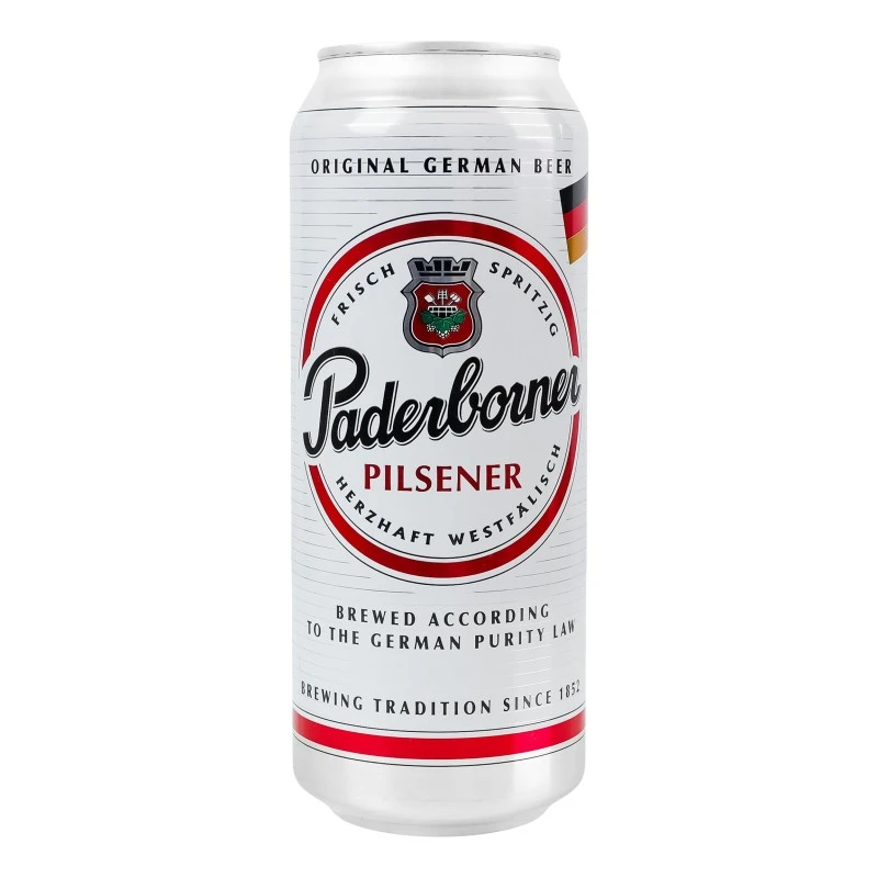 Пиво 4.8% светлое фильтрованное солодовое пастеризованное Pilsener ж/б Paderborner, 0.5л