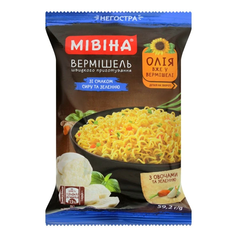 Вермишель быстрого приготовления  неострая со вкусом сыра и зелени Мивина, 59.2 г