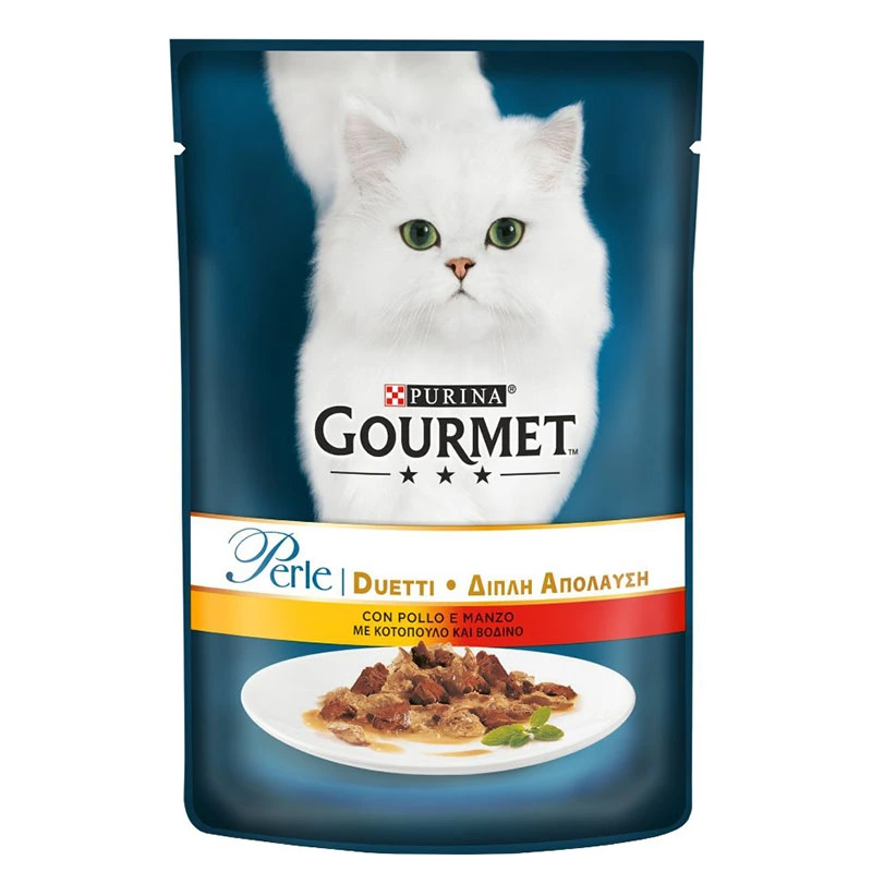 Корм для котов мини филе в подливке C курицей и говядиной Perle Duo Gourmet, 85 г