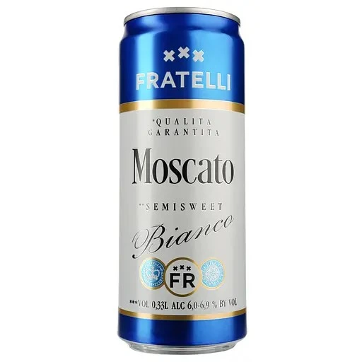 Напиток винный белый полусладкий слабоалкогольный газированный Bianco Moscato Fratelli, ж/б 0.33л