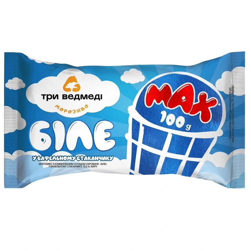 Мороженое белое в вафельном стакане Три Медведя, 100 г