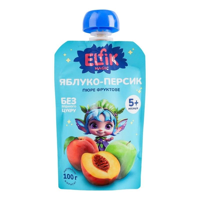 Пюре фруктовое яблуко персик дой-пак ELFIK Magic, 100 г