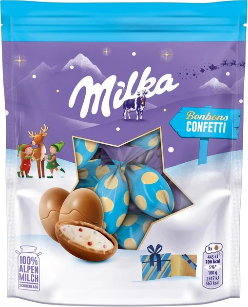 Шоколад молочный Mелка в форме яйца с молочной начинкой с сахарным драже Milka, 86 г