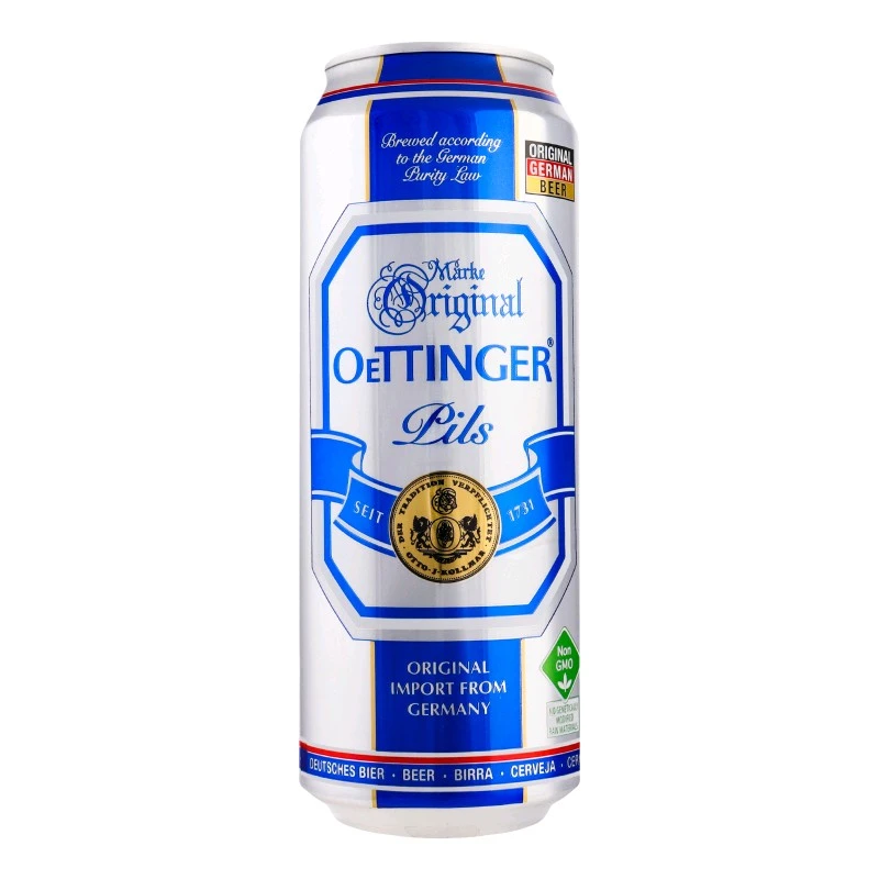 Пиво 4.7% светлое пастеризованное фильтрованное Pils Oettinger, ж/б 0.5 л