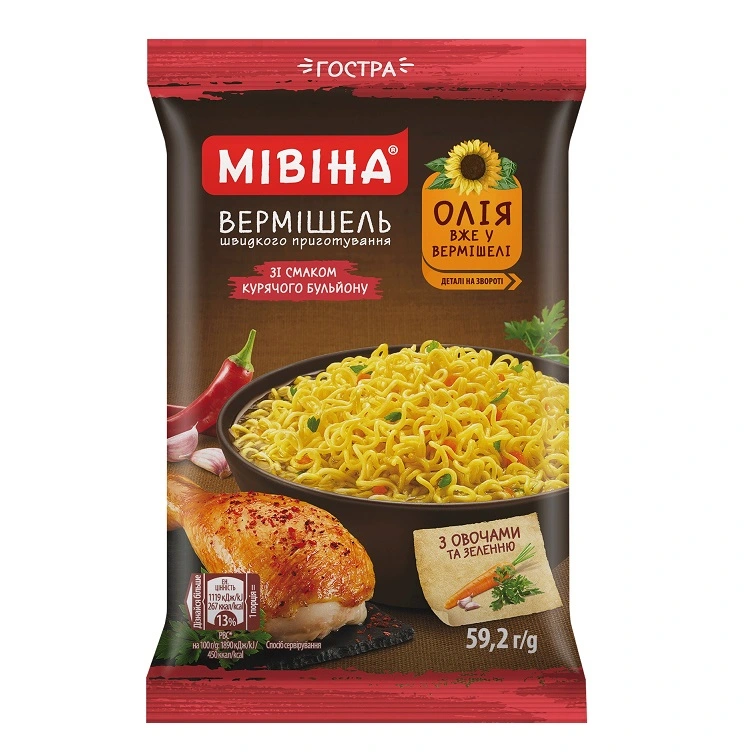 Вермишель быстрого приготовления со вкусом куринного бульйона острая Мивина, 59.2 г